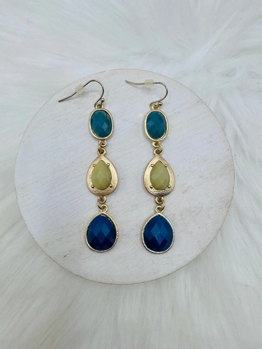 Blue & Green Statement Drop Earrings | Gold Tone